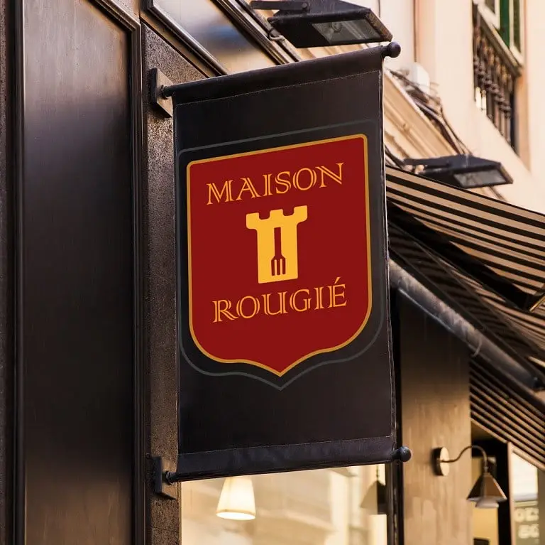 Logo blason du restaurant Maison Rougié sur pancarte