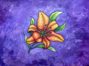 Peinture acrylique d'une fleur d'hibiscus orange sur fond violet.